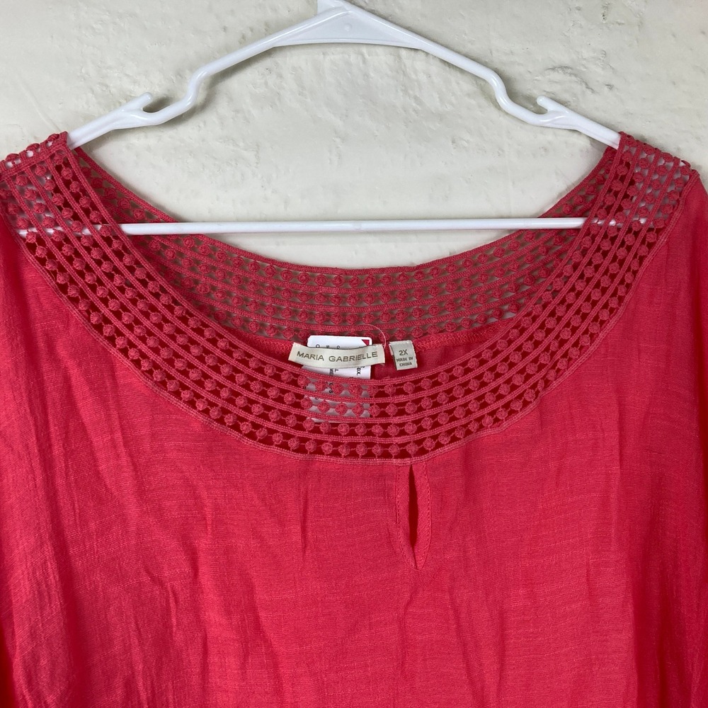 NEW Maria Gabrielle Blouse Women 2X Coral‎ Crochet Lace Keyhole Boho Top Coastal - Picture 3 of 9